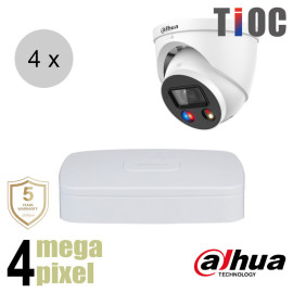 Dahua 4MP IP cameraset - TiOC - 4 turret dome camera's - actieve afschrikking - 2.8mm - 30m - ips44dt3