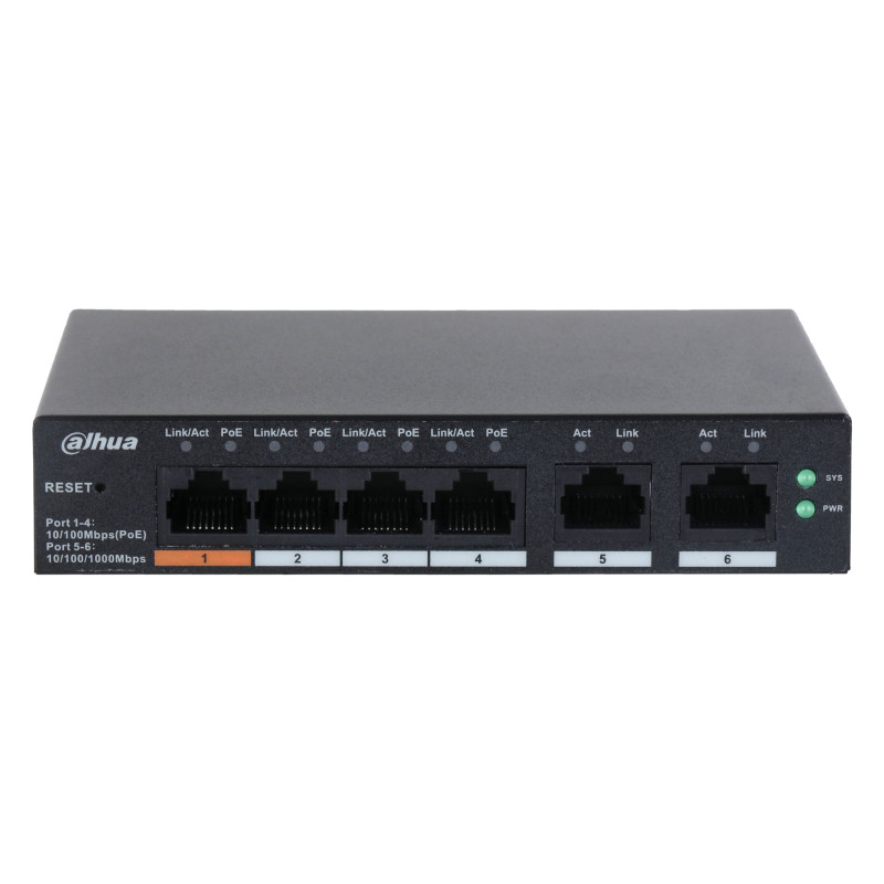 Dahua PoE switch 60W - Cloud Managed - 4 poorten + 2 uplink - tot 100Mbps - CS4006-4ET-60