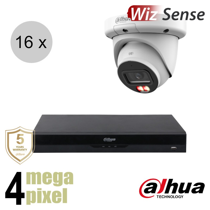 Dahua 4MP IP cameraset - WizSense - 16 turret dome camera's - dual light - audio -2.8mm - 50m - ips164dt1