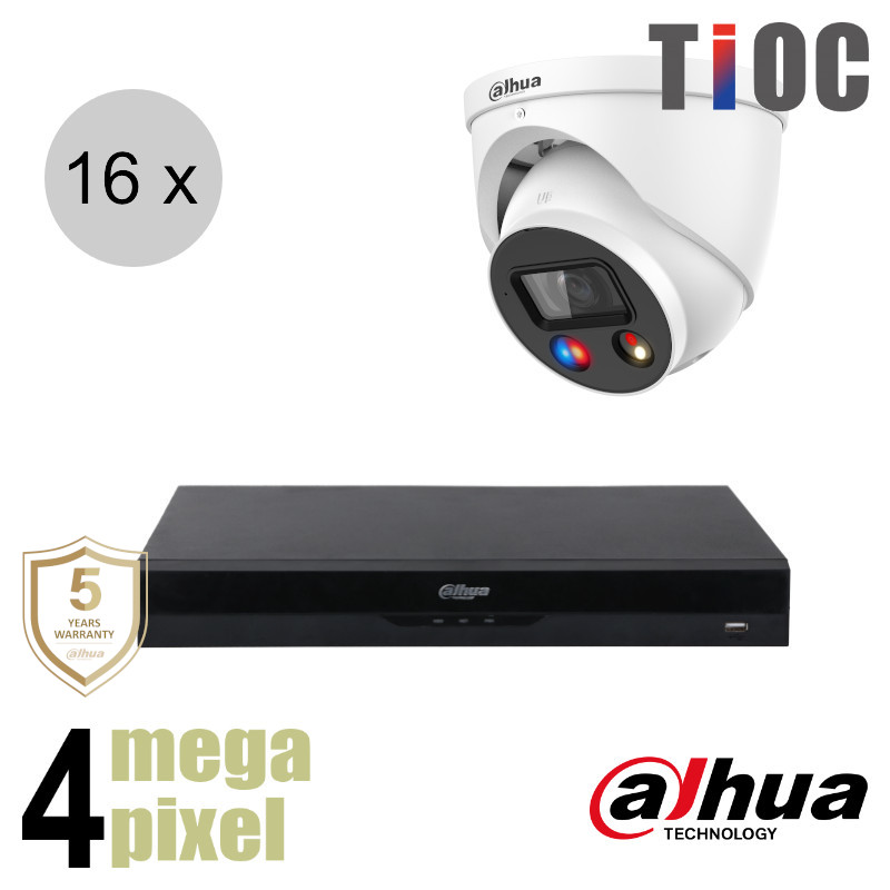 Dahua 4MP IP cameraset - TiOC - 16 turret dome camera's - actieve afschrikking - 2.8mm - 30m - ips164dt3