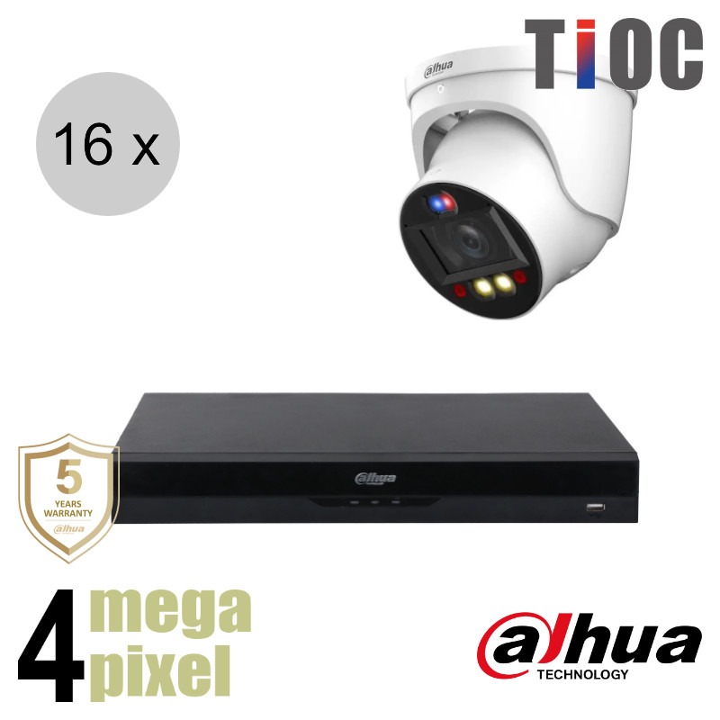 Dahua 4MP IP cameraset - TiOC - 16 turret dome camera's - actieve afschrikking - motorzoom - 40m - ips164dtm3