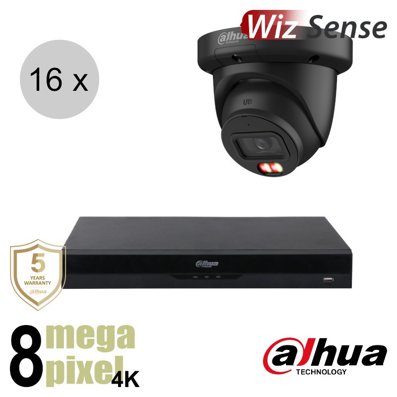 Dahua 4K IP cameraset - WizSense - 16 turret dome camera's - dual light - audio - 2.8mm - 30m - ips168dt2