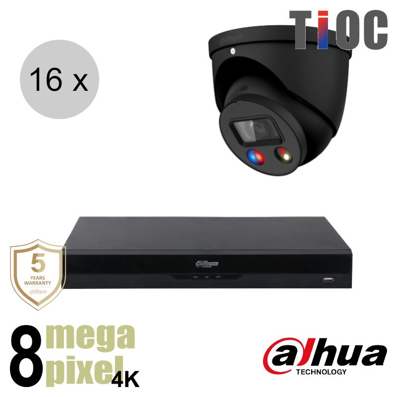 Dahua 4K IP cameraset - TiOC - 16 turret dome camera's - actieve afschrikking - 2.8mm - 30m - ips168dt4