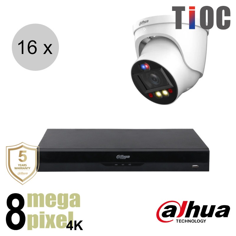 Dahua 4K IP cameraset - TiOC - 16 turret dome camera's - actieve afschrikking - motorzoom - 40m - ips168dtm3