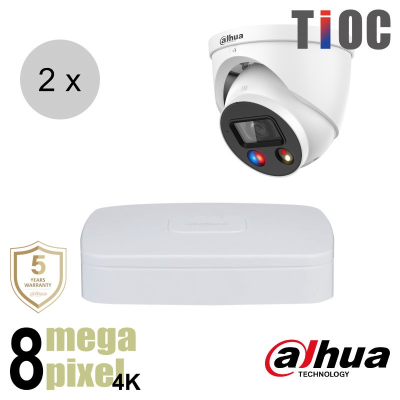 Dahua 4K IP cameraset - TiOC - 2 turret dome camera's - actieve afschrikking - 2.8mm - 30m - ips28dt3