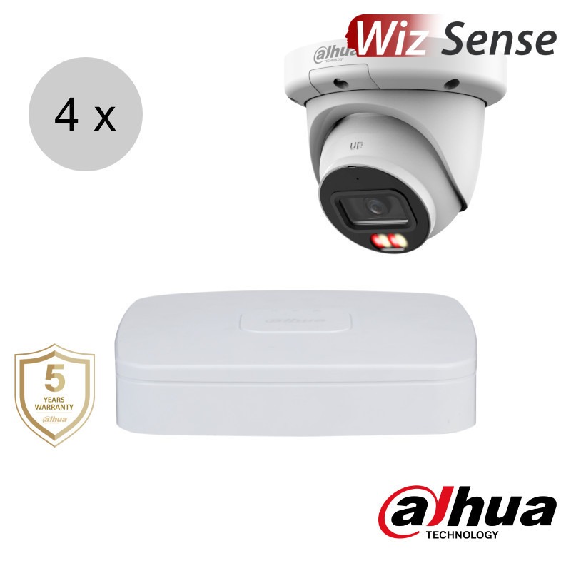 Dahua 4K IP cameraset - WizSense - 4 turret dome camera's - dual light - audio - 2.8mm - 30m - ips48dt1