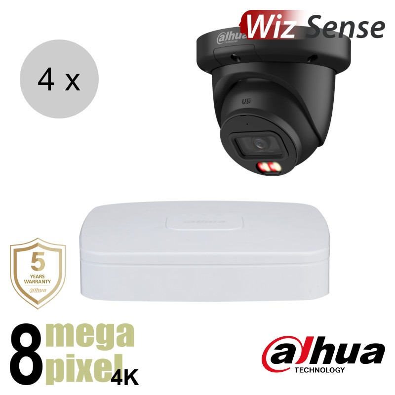 Dahua 4K IP cameraset - WizSense - 4 turret dome camera's - dual light - audio - 2.8mm - 30m - ips48dt2