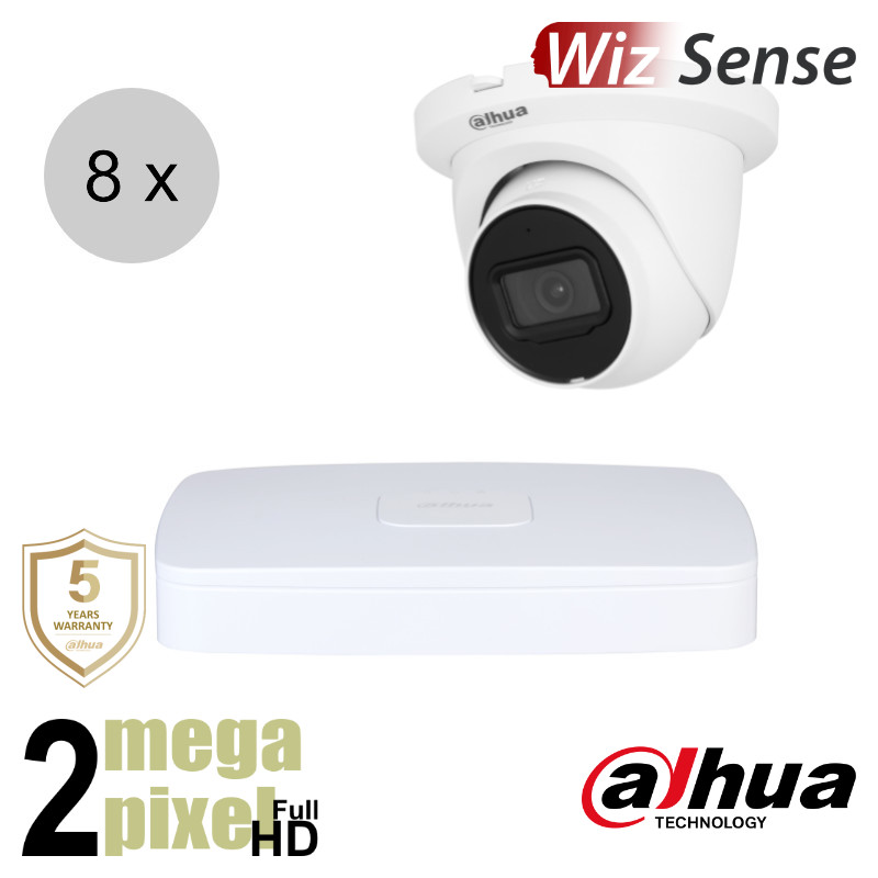 Dahua Full HD IP cameraset - WizSense - 8 turret dome camera's - starlight - audio - 2.8mm - 30m - ips82dt1