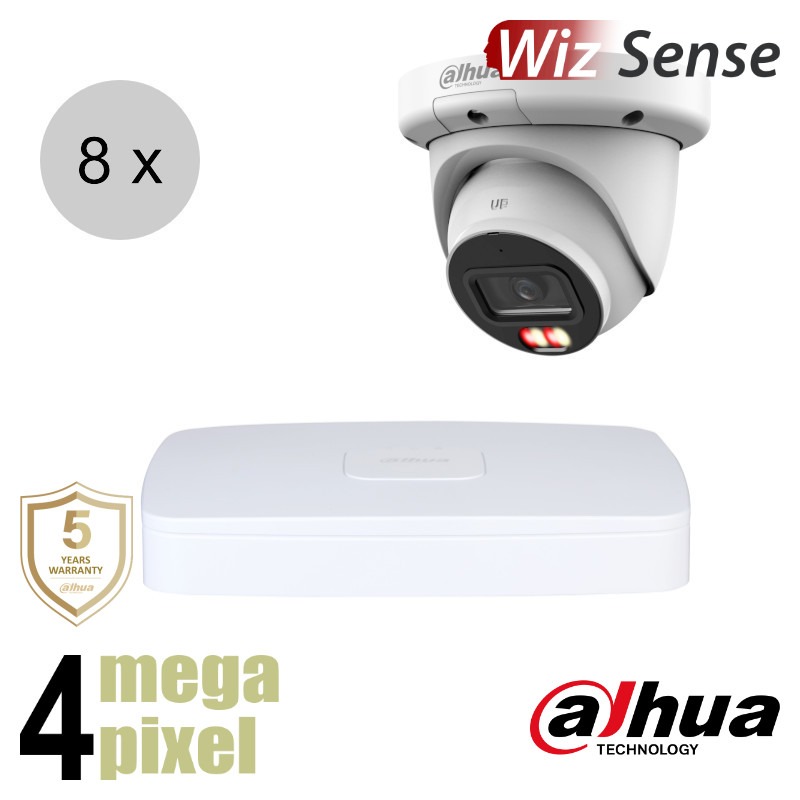 Dahua 4MP IP cameraset - WizSense - 8 turret dome camera's - dual light - audio - 2.8mm - 50m - ips84dt1
