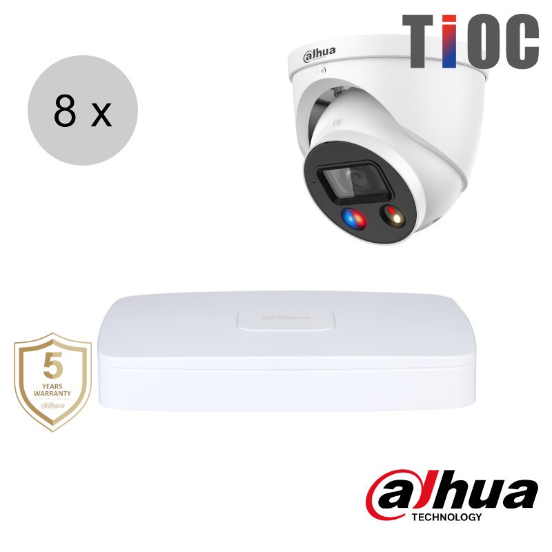 Dahua 4MP IP cameraset - TiOC - 8 turret dome camera's - actieve afschrikking - 2.8mm - 30m - ips84dt3