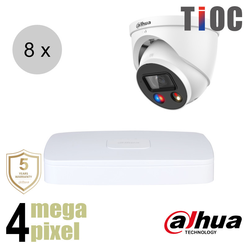 Dahua 4MP IP cameraset - TiOC - 8 turret dome camera's - actieve afschrikking - 2.8mm - 30m - ips84dt3
