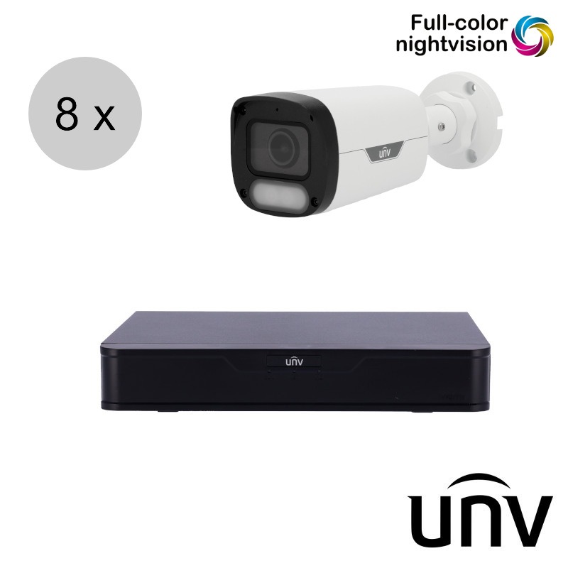 Uniview 4MP IP cameraset - 8 bullet camera's - ColorHunter - 30m - 2.8mm - audio - ips84ub3