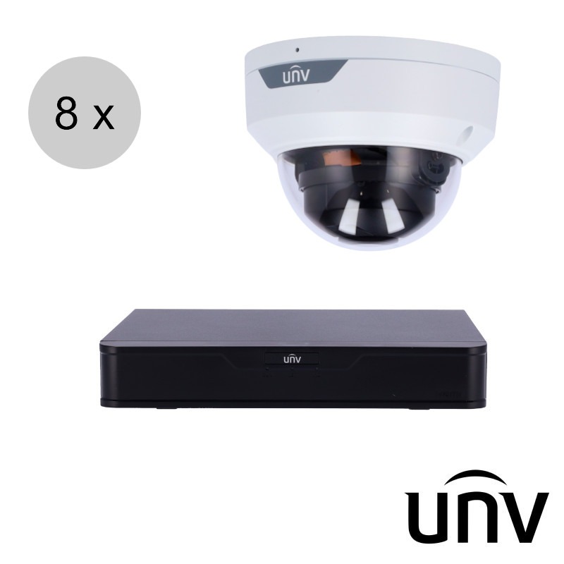 Uniview 4MP IP cameraset - 8 dome camera's - audio - IK10 - 2.8mm - ips84ud1