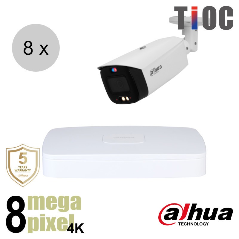 Dahua 4K IP cameraset - TiOC - 8 bullet camera's - actieve afschrikking - 2.8mm - 30m - ips88db3
