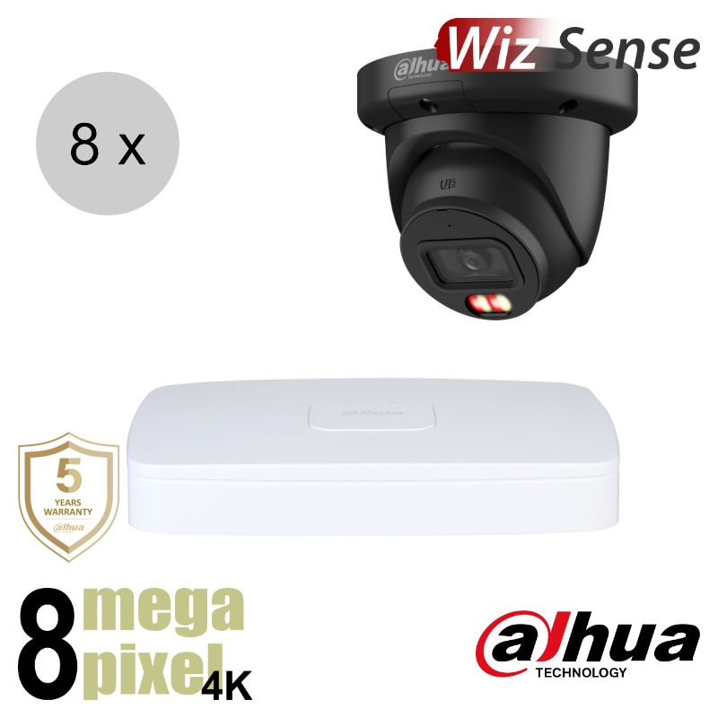 Dahua 4K IP cameraset - WizSense - 8 turret dome camera's - dual light - audio - 2.8mm - 30m - ips88dt2