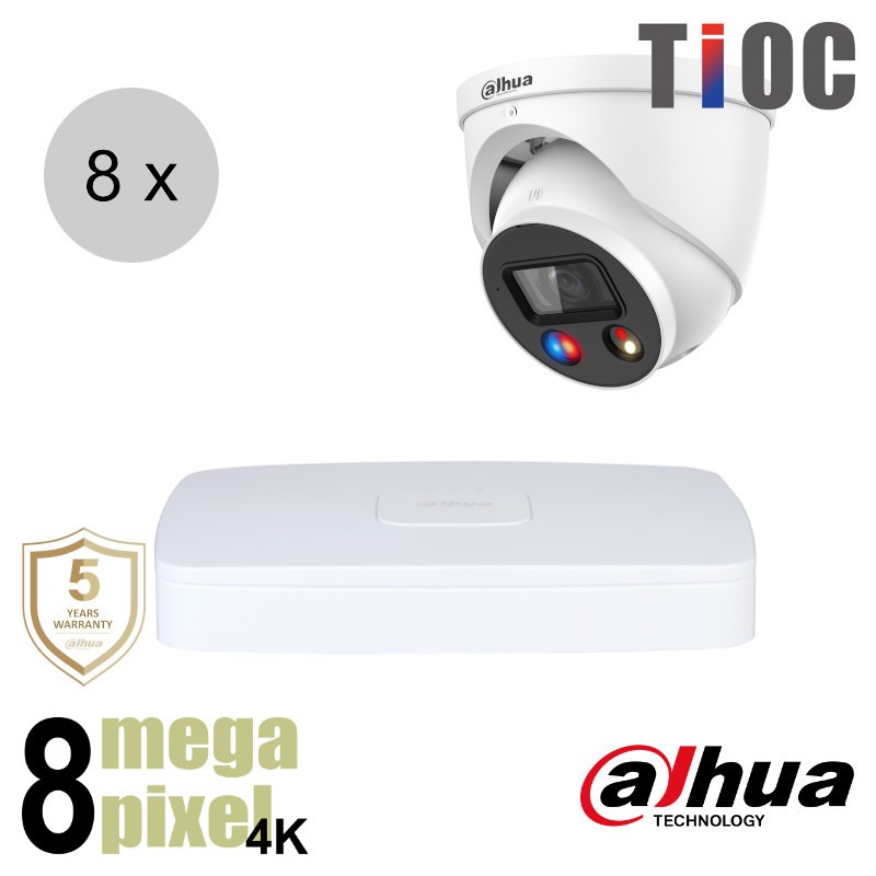 Dahua 4K IP cameraset - TiOC - 8 turret dome camera's - actieve afschrikking - 2.8mm - 30m - ips88dt3