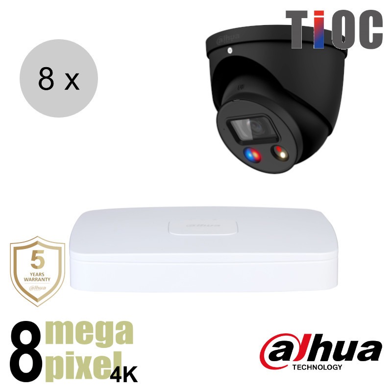 Dahua 4K IP cameraset - TiOC - 8 turret dome camera's - actieve afschrikking - 2.8mm - 30m - ips88dt4