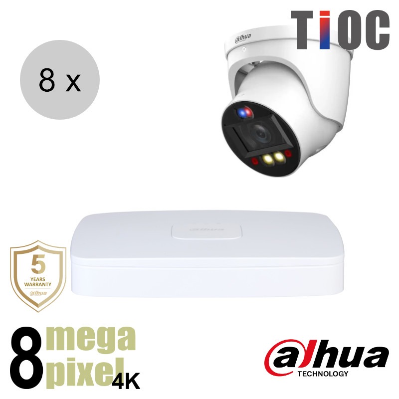 Dahua 4K IP cameraset - TiOC - 8 turret dome camera's - actieve afschrikking - motorzoom - 40m - ips88dtm3