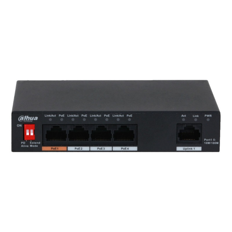 Dahua PoE switch 60W - Unmanaged - 4 poorten + 1 uplink - tot 100Mbps - PFS3005-4ET-60