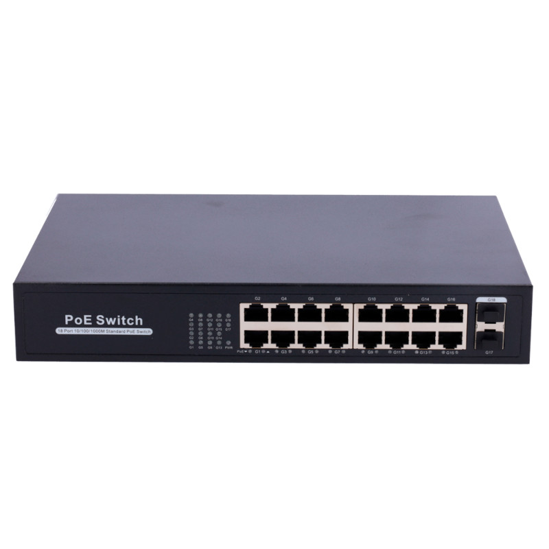 Dahua OEM PoE switch 250W - Unmanaged - 16 poorten + 2 uplink - tot 1000Mbps - SW1816POE-GF-250-E