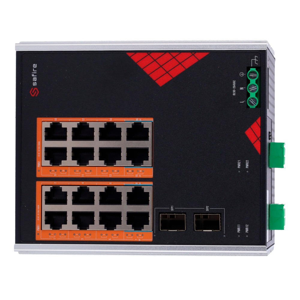 Safire PoE switch 260W - Unmanaged - 16 poorten + 2 uplink - tot 1000Mbps - SF-SWI1816HIPOE-GF-AC-260-DIN